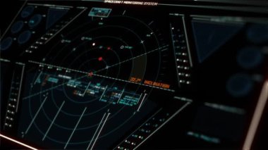 Fütürist arayüz / Radar / Dijital perspektif ekranı / Ultra detaylı soyut dijital arkaplan. Göstergeler ve statüler yanıp sönüyor. Komuta merkezinin çalışması, büyük verileri işlemek, makine derin öğrenme, veri analizi. Radyo konumu. Kırmızı