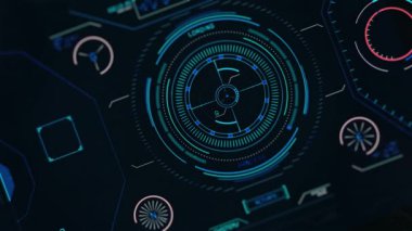 HUD daire arayüzleri. Çok renkli bir bakış açısı yüksek teknolojili fütüristik ekran. Hologram düğmesi. Baş Ekran Bilgisayar Verisi. Fütürist giriş.