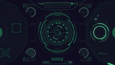 HUD daire arayüzleri. Yeşil yüksek teknoloji fütüristik ekran. Hologram düğmesi. Baş Ekran Bilgisayar Verisi. Fütürist giriş.