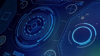 HUD daire arayüzleri. Mavi yüksek teknoloji fütüristik ekran. Hologram düğmesi. Baş Ekran Bilgisayar Verisi. Fütürist giriş. Bakış açısı.