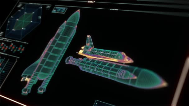 透视飞行控制中心用指示器和发射参数进行监测 显示航天飞机各单元的状况 带有Hud信息要素的空间构造函数接口 — 图库视频影像