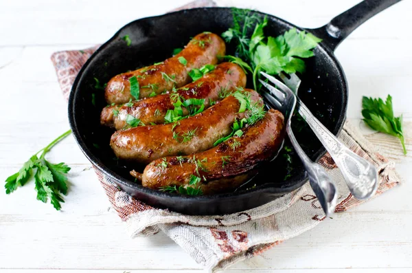 Zelfgemaakte Worsten Van Kalkoen Kip Gebakken Een Koekenpan — Stockfoto