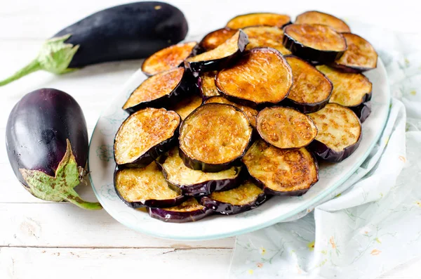 Fried Eggplant Plate Wooden Table — Stock Photo, Image