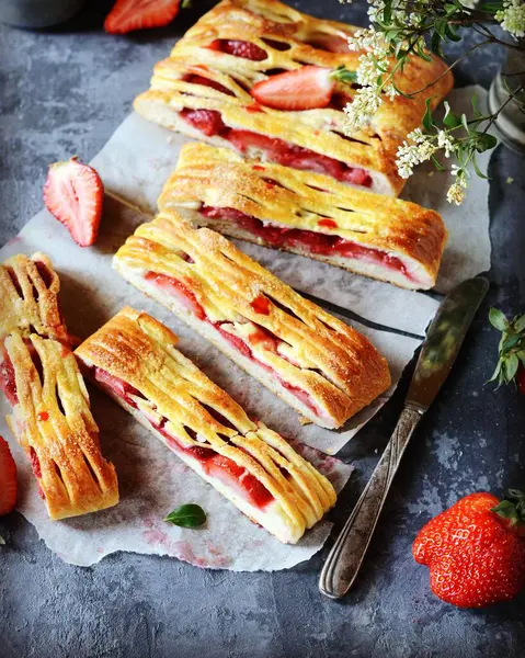 Tarte Maison Levure Fraise Sur Fond Gris — Photo