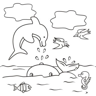 Yunus, balina, kuşlar, denizatı ve denizde balık. Çocuklar için boyama sayfası. Vektör çizim.