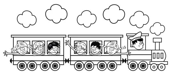 Τρένο Παιδιά Είναι Πηγαίνοντας Ένα Ταξίδι Εικονογράφηση Διάνυσμα Χρωματισμός Σελίδα — Διανυσματικό Αρχείο