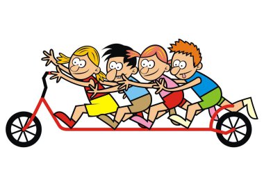 Scooter ve çocuk, vektör komik çizim, erkek ve kız