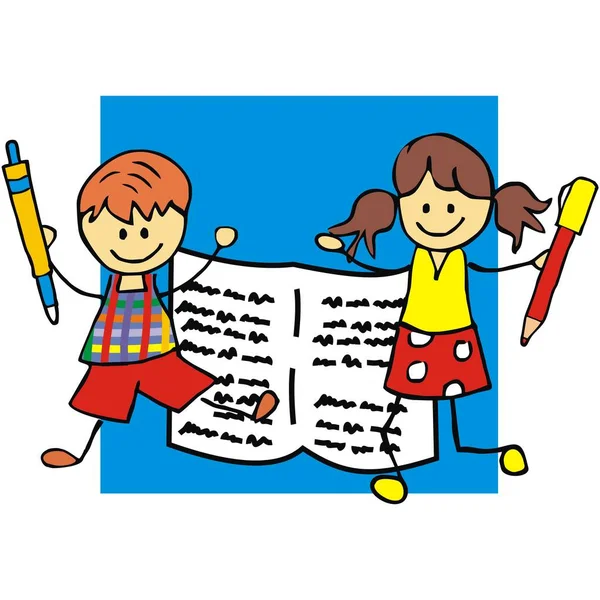 Niños Con Libro Ejercicios Pluma Icono Vector Ilustración Divertida — Vector de stock