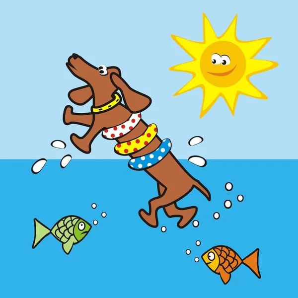 Плавающая Собака Забавная Векторная Иллюстрация Открытка — стоковый вектор