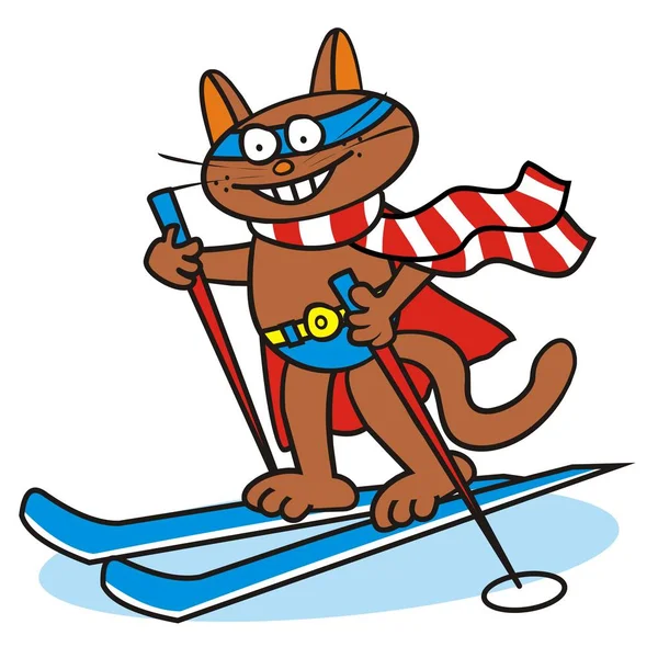 Tomcat Esqui Super Homem Ilustração Vetor Engraçado — Vetor de Stock