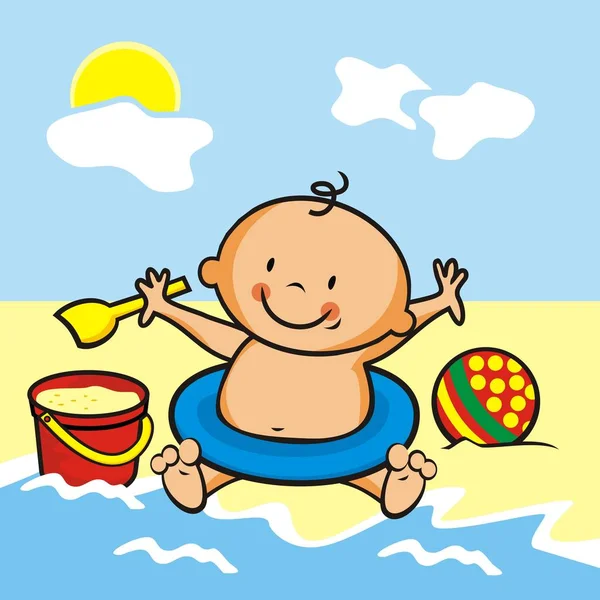 Tout Petit Par Eau Vacances Sur Plage Illustration Vectorielle Drôle — Image vectorielle