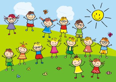 Çayır, mutlu çocuklar illüstrasyon vektör