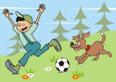 oğlan ve köpek doğada, vektör simgesi