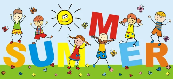 Mutlu çocuklar ve metin yaz. Romping çocuk. Vektör simgesi. Komik resim.