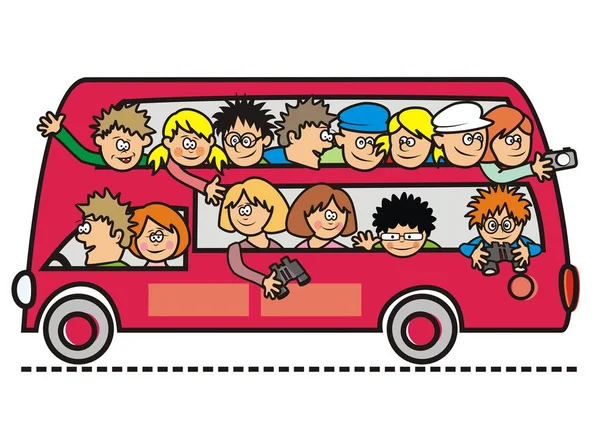 Τουριστικό Λεωφορείο Ομάδα Ατόμων Εκδρομή Αστείες Διάνυσμα Εικονίδιο — Διανυσματικό Αρχείο