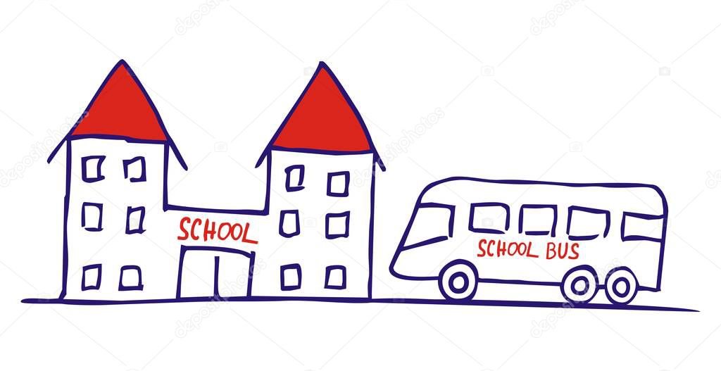 bus and school, vector icon, doodle