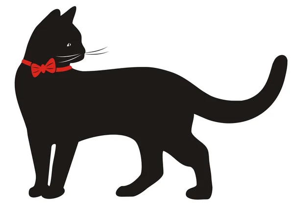 Black Cat Red Bow Silhouette Single Icon — Stock Vector