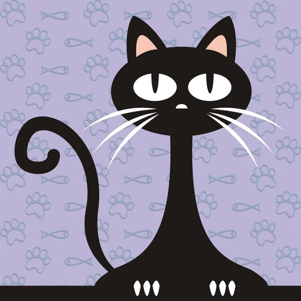 Black Cat Funny Vector Illustration Background Fishes Paws — Stock Vector