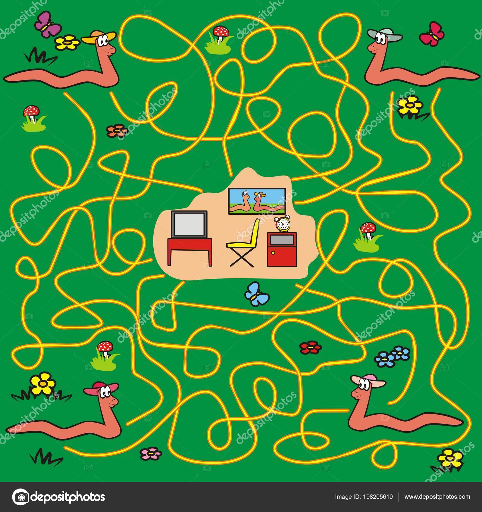 Labirinto de vetores, jogo educacional de labirinto para crianças com maçã  e minhoca