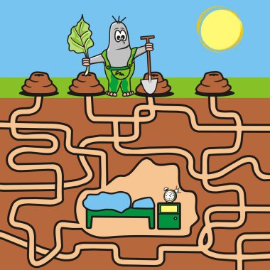 Labirent, çocuklar için oyun, köstebek yuva, komik vektör çizim doğru yolu arıyor, 