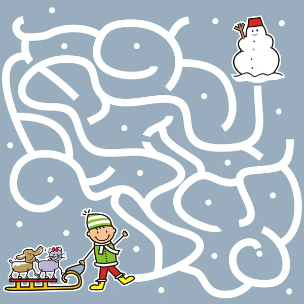 ゲームは 少年とペットは雪だるまに方法を見つける — ストックベクタ