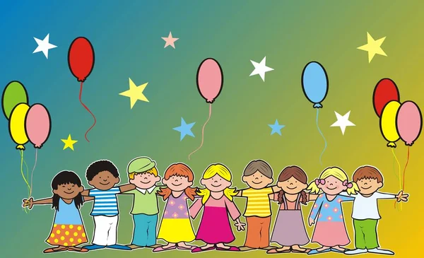 Niños Felices Globos Bandera Imagen Vectorial — Vector de stock