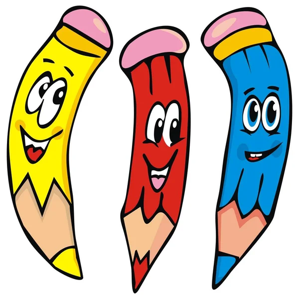 Three Funny Crayons Colored Crayons Eye Mouth Vector Icon — Stock Vector