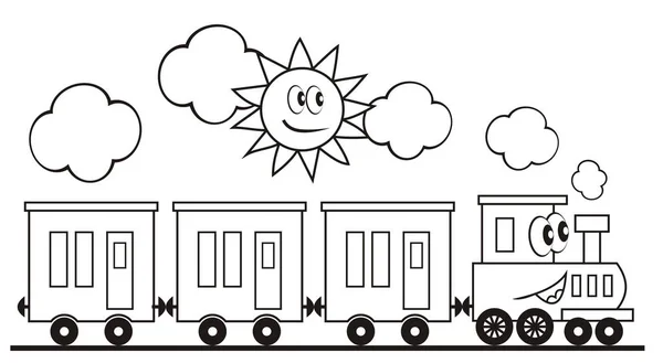 Zuggarnitur Drei Wagen Lokomotive Lustige Vektorillustration Zug Und Sonne Lokomotive — Stockvektor