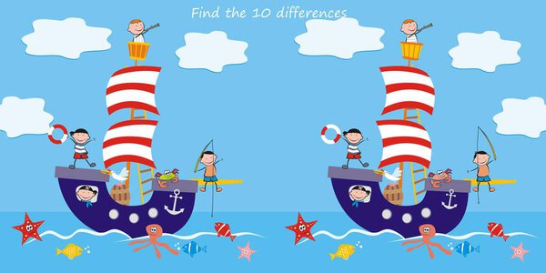 children on the sail boat, find ten differences, vector illustration