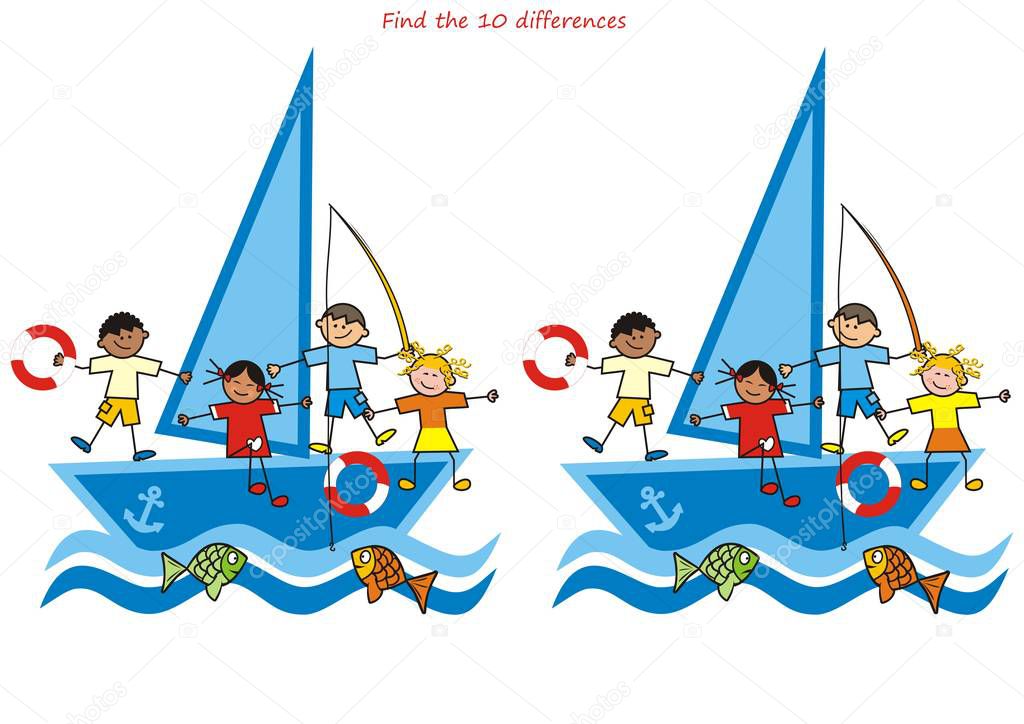 children and sailboat, find ten differences, vector illustration
