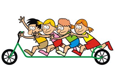 Group of children on scooter, riding a push scooter,  funny vector illustration