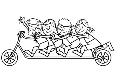 group of children and scooter, coloring book, funny vector illustration