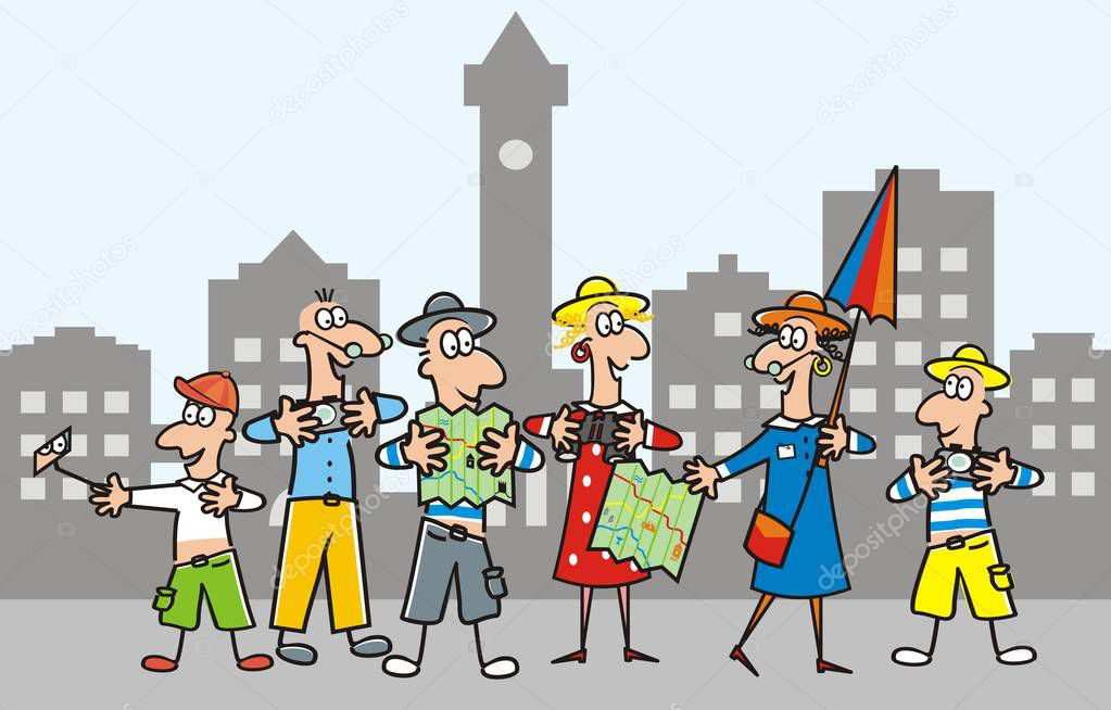 The woman - guide - accompanies a group of hikers to city. Vector illustration.