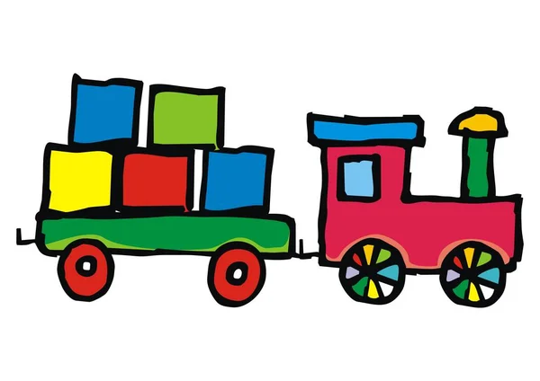 Spielzeug Lokomotive Wagen Und Würfel Farbige Doodle Illustration — Stockvektor