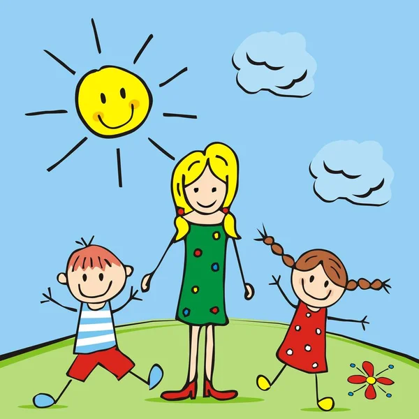 Frau Und Kinder Auf Der Wiese Vektor Symbol Hintergrund Sonne — Stockvektor