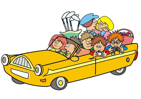 Family Trip Group People Yellow Car Funny Vector Illustration — Stock Vector
