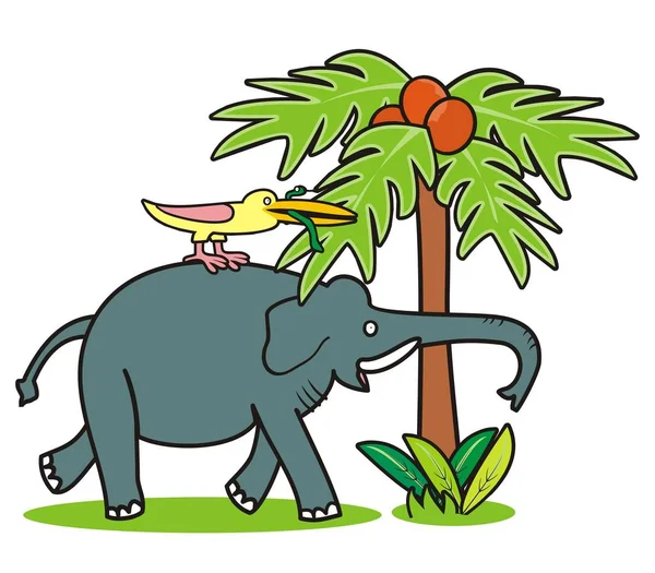 Elephant Bird Palm Tree Funny Vector Illustration — Vettoriale Stock
