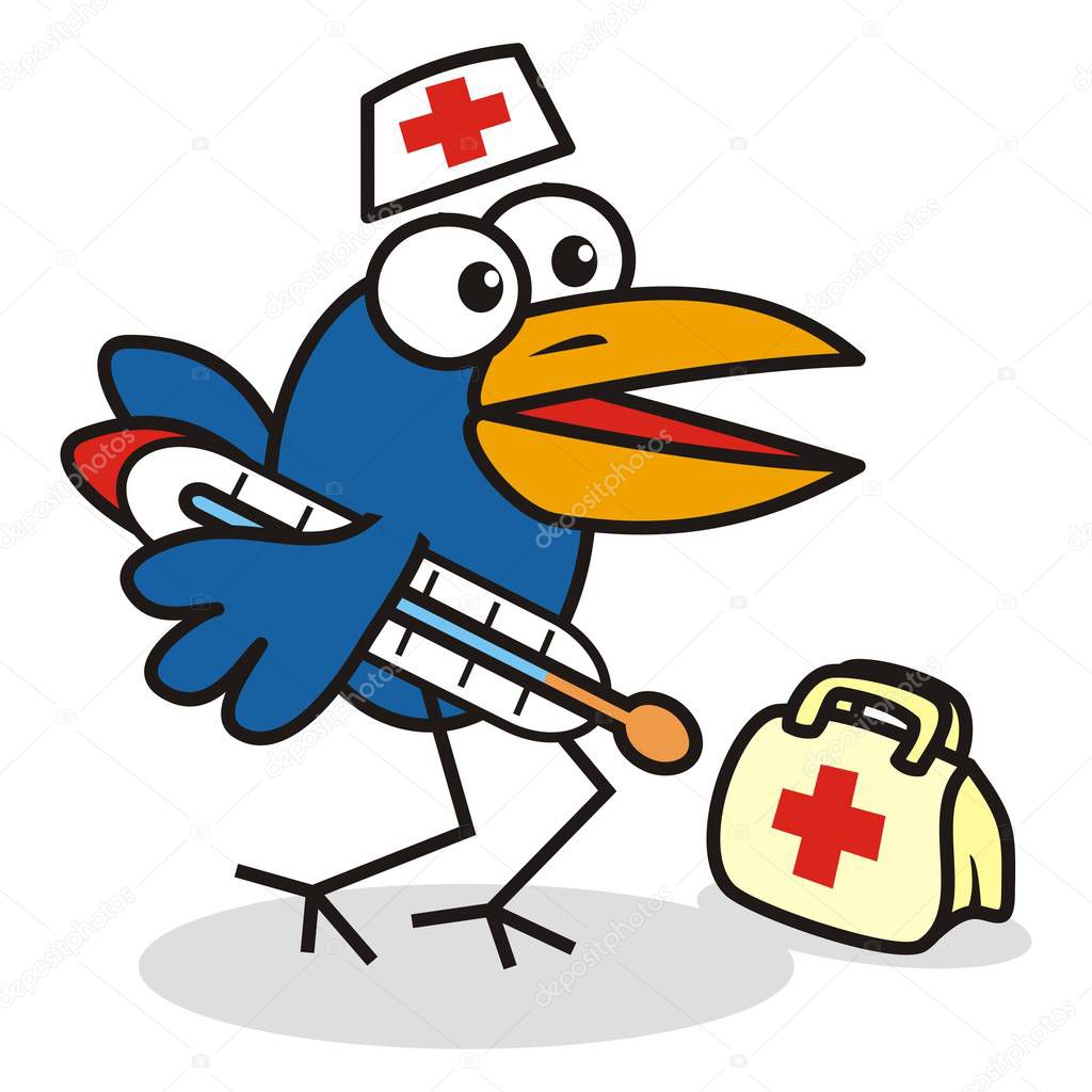 bird and thermometer, doctor, vector funny illustration for children
