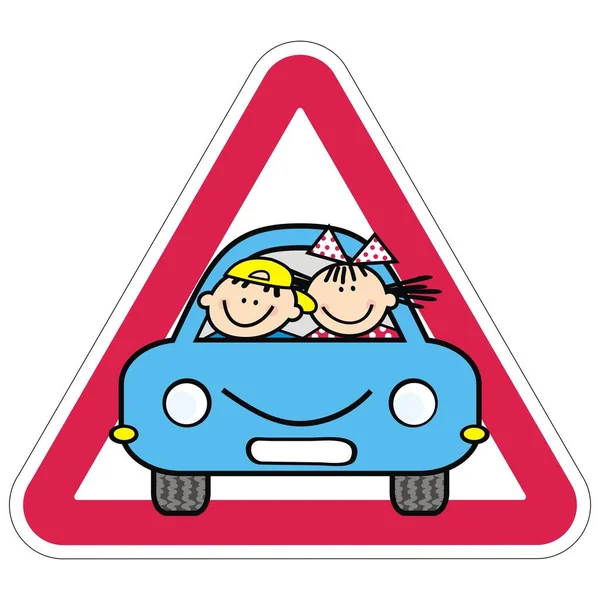 Είστε Προσεκτικοί Παιδιά Στο Αυτοκίνητο Κόκκινο Τρίγωνο Πλαίσιο Αγόρι Και — Διανυσματικό Αρχείο