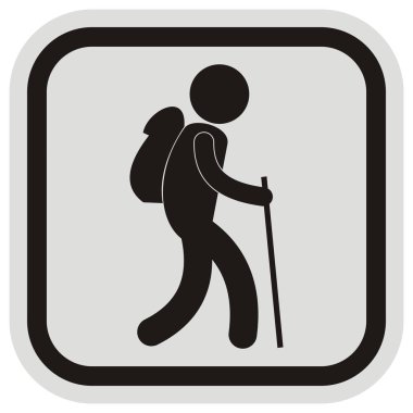 Çanta ve sopa, siyah vektör simgesi, gri ve siyah çerçeve ile turizm