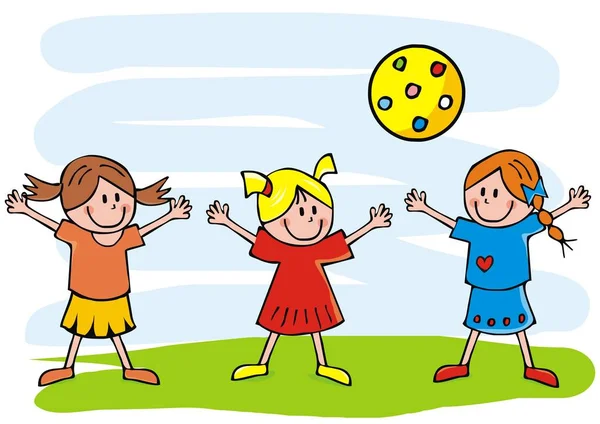 Tres Chicas Pelota Ilustración Vectorial Divertida Niños Felices — Vector de stock