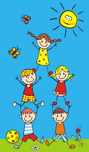 Enfants Heureux Pyramide Illustration Folle Carte Postale Vectorielle — Image vectorielle