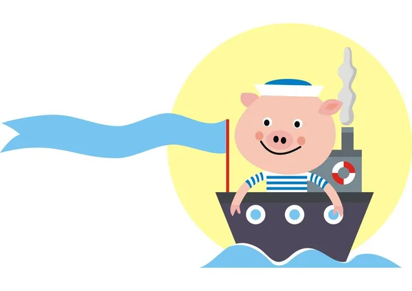 Pig Boat Funny Illustration Vector Icon Concept — Stock Vector