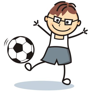 futbolcu, çocuk ve futbol topu, vektör simgesi, komik resim