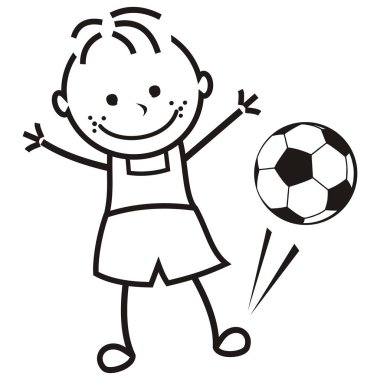 Çocuk ve futbol topu, vektör çizim, boyama sayfası