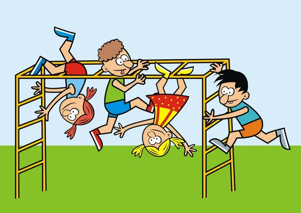 Kinder Auf Einer Dschungel Turnhalle Glückliche Kinder Farbige Illustration Vektorsymbol — Stockvektor