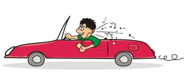 kırmızı araba ve adam, vektör komik çizim