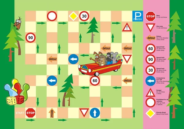 Jeu Société Pour Enfants Animaux Voiture Rouge Panneau Signalisation Illustration — Image vectorielle