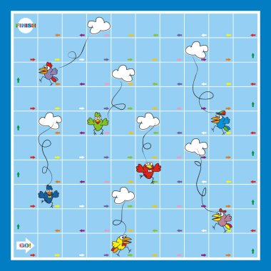 Masa oyunu, küçük çocuklar için okul öncesi yaş. Oyun en az 2 kişi tarafından oynanır. Zar bitirmek için oklar yönünde taşımak için kullanın. Komik kuşlar ve bulutlar mavi zemin üzerine.