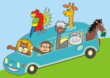 otobüs ve hayvanlar, komik vektör çizim